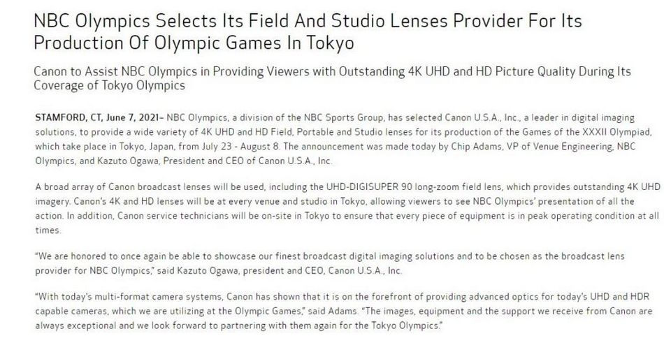 Canon стали поставщиком объективов для съемки Олимпийских игр в Токио